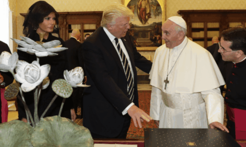 Pope Francis exchanges gifts with President Donald Trump and First Lady Melania Trump on the occasion of their private audience at the Vatican, May 24, 2017. [(AP Photo/Alessandra Tarantino, Pool)/via U.S. Embassy to the Holy See]
